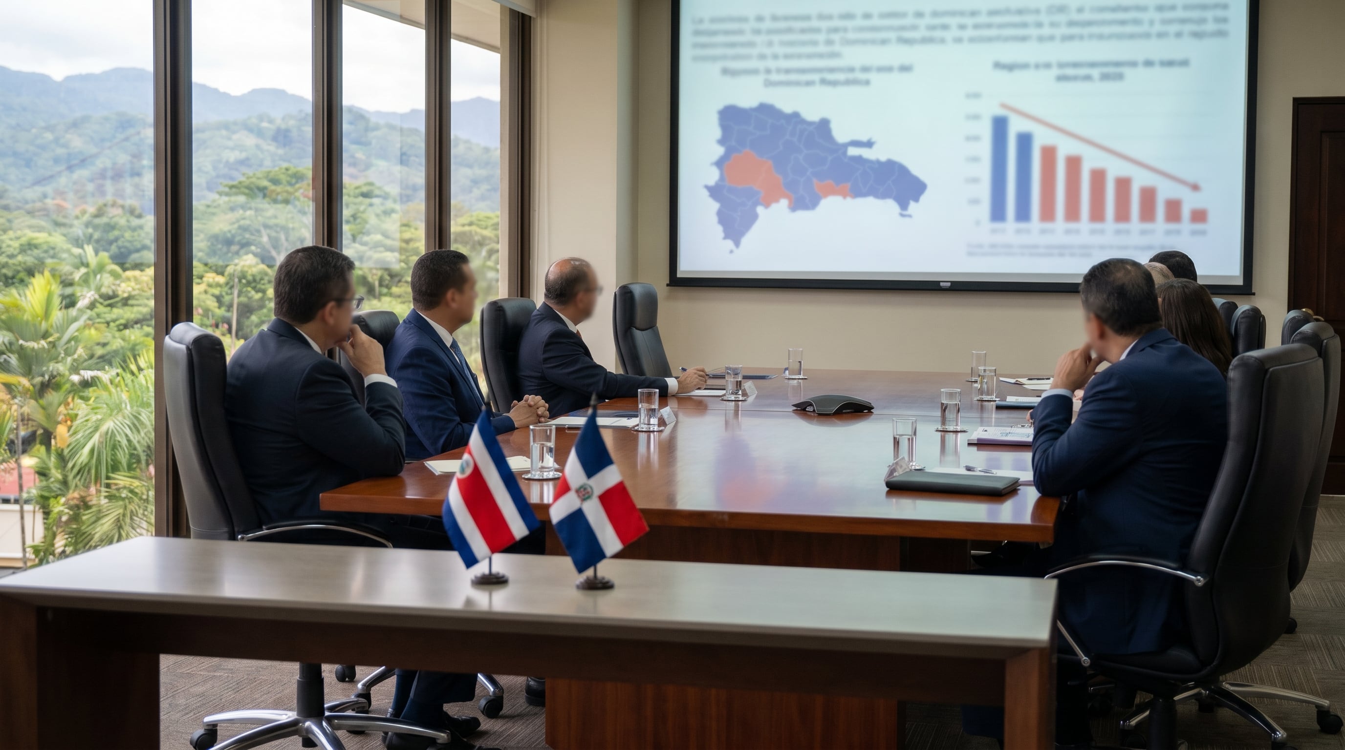 Representantes de Costa Rica y República Dominicana se reúnen en una sala de conferencias para analizar el modelo de seguridad dominicano y el impacto en la reducción de homicidios. (Imagen Ilustrativa Infobae)