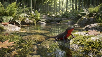 Un tritón de cuerpo negro y vientre rojo sobre una roca musgosa en un arroyo. Se ven hojas secas flotando, plantas acuáticas y un bosque de bambú.