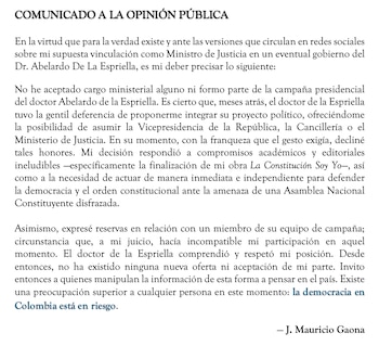 Gaona afirmó que desde aquel acercamiento inicial no ha recibido nuevas ofertas ni ha aceptado responsabilidades dentro de la campaña o de un eventual gobierno - crédito @JMauricioGaona/X