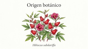 Ilustración de una planta Hibiscus sabdariffa con cálices rojos y hojas verdes detalladas sobre un fondo blanco, estilo botánico.