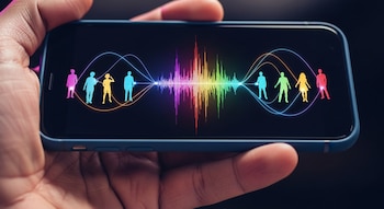 Primer plano de una mano sosteniendo un teléfono móvil con una pantalla que muestra un ecualizador de ondas sonoras de colores y seis siluetas de personas.