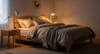 Un dormitorio acogedor con una cama hecha con sábanas de lino beige, cabecero y mesita de noche de madera clara, dos lámparas, una planta y una taza sobre la mesita.