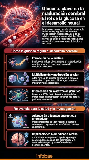 Infografía sobre la glucosa y el cerebro. Muestra un cerebro, vaso sanguíneo con glucosa y glóbulos, y diagramas de desarrollo neural y celular