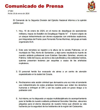 Comunicado del Ejército sobre atentado