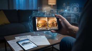 Una mano sostiene un smartphone con una foto de hamburguesa real y otra alterada por IA. En una mesa oscura, documentos sobre fraude y una tablet con un formulario de seguro.