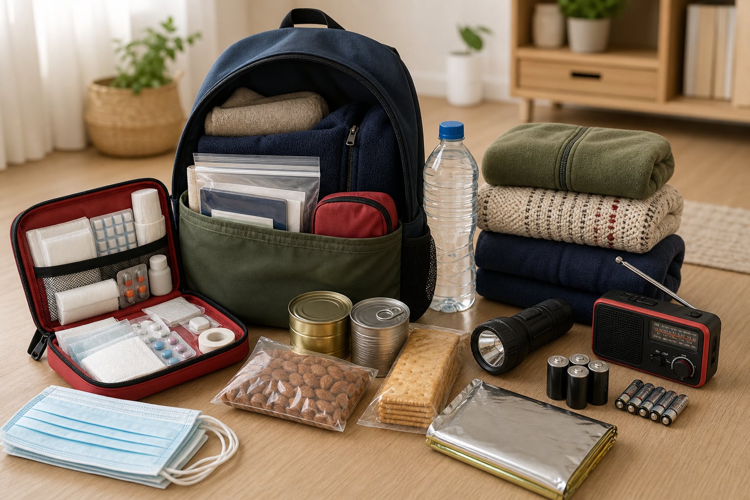 Una mochila de emergencia abierta reúne suministros básicos como botiquín de primeros auxilios, linterna, radio, alimentos no perecederos y agua sobre un piso de madera. (Imagen Ilustrativa Infobae)