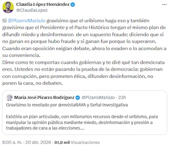 Claudia López acusó al uribismo, gobierno y Pacto Histórico de usar el miedo como estrategia electoral - crédito @ClaudiaLopez/X