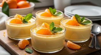 Cuatro posset de mandarina en vasos de cristal, decorados con gajos de mandarina y menta, sobre una tabla de madera. Hay mandarinas y platos al fondo.