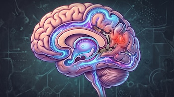 Ilustración digital de un cerebro humano seccionado lateralmente, con áreas internas destacadas por colores azules y morados, y un símbolo de advertencia rojo.