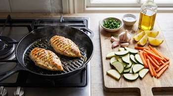 Pechugas de pollo en una sartén y una tabla de madera con zucchini, zanahorias, ajo, limones y aceite de oliva.