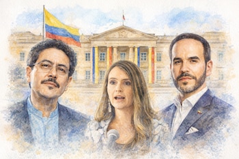 Ilustración en acuarela de tres personas (dos hombres y una mujer) mirando al frente, con la Casa de Nariño y una bandera de Colombia ondeando al fondo.