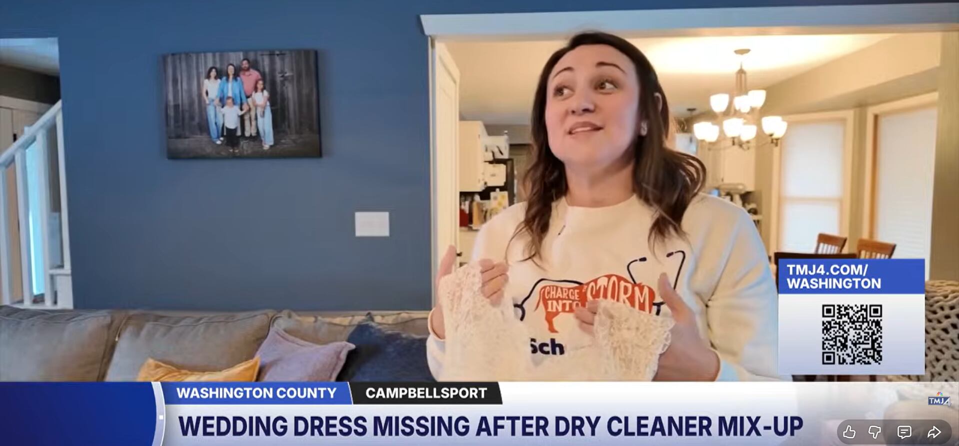 Una mujer de Wisconsin hizo un descubrimiento devastador cuando sacó su viejo vestido de novia para que su hija se lo probara. (Captura de pantalla TMJ4 News)