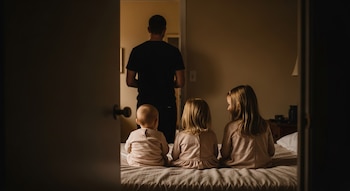Tres niñas sentadas de espaldas en una cama. Un hombre de espaldas está en el umbral de una puerta abierta.