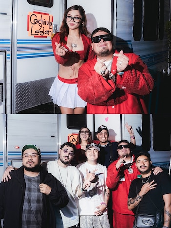 Dos fotografías de un hombre y una mujer junto a un grupo de personas posando frente a un trailer blanco. Hay un cartel con el nombre Cachirula