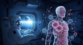 Astronauta en nave espacial; ventana con la Tierra y un planeta; cuerpo humano transparente con estructuras celulares de color rosa y azul.