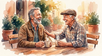 Ilustración acuarela de dos hombres mayores riendo en una mesa de madera con café. Uno lleva chaqueta y el otro gorra. El fondo muestra plantas en macetas y luz cálida.