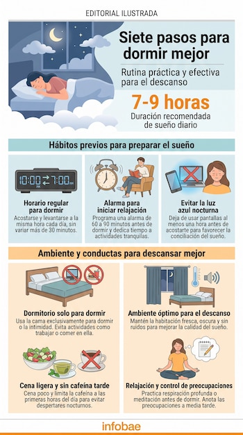 Infografía con una mujer durmiendo, reloj, hombre leyendo, pantallas, dormitorio, comida, café, mujer meditando y texto informativo sobre el sueño.
