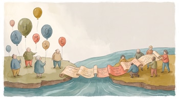 Ilustración de personas en dos orillas separadas por un río. En una orilla hay personas con globos de letras y en la otra, un grupo construye un puente con pergaminos de palabras.