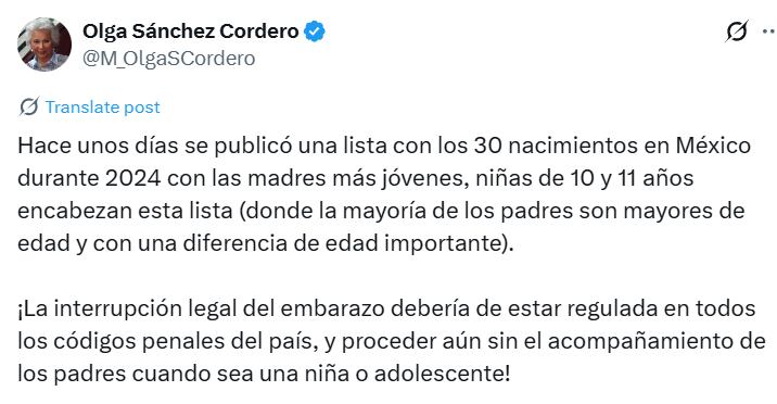 Una de las acciones que podría ayudar a las menores continúa siendo debatida en la mitad del país. (TW Olga Sánchez Cordero)