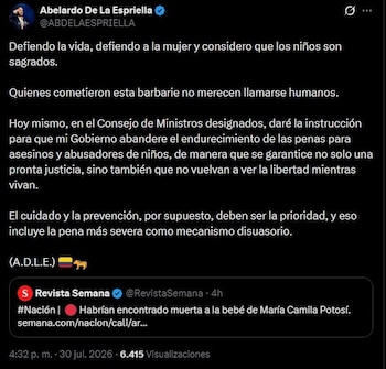 Abelardo De la Espriella afirmó que buscará endurecer las penas contra asesinos y abusadores de niños tras el crimen de María Camila Potosí - crédito @ABDELAESPRIELLA / X