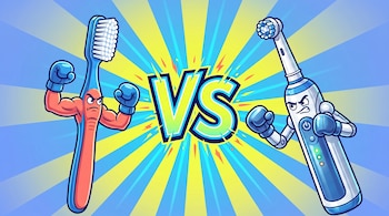 Un cepillo dental manual rojo y azul con brazos y guantes de boxeo se enfrenta a un cepillo eléctrico blanco y azul con brazos y guantes. Letras 'VS' al centro.