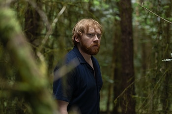 Hombre pelirrojo con barba, camisa azul oscuro, parado en un bosque con vegetación verde y árboles