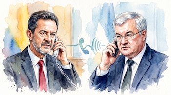Ilustración en acuarela de dos hombres con traje y corbata que hablan por teléfono, unidos por un dibujo de ondas sonoras.