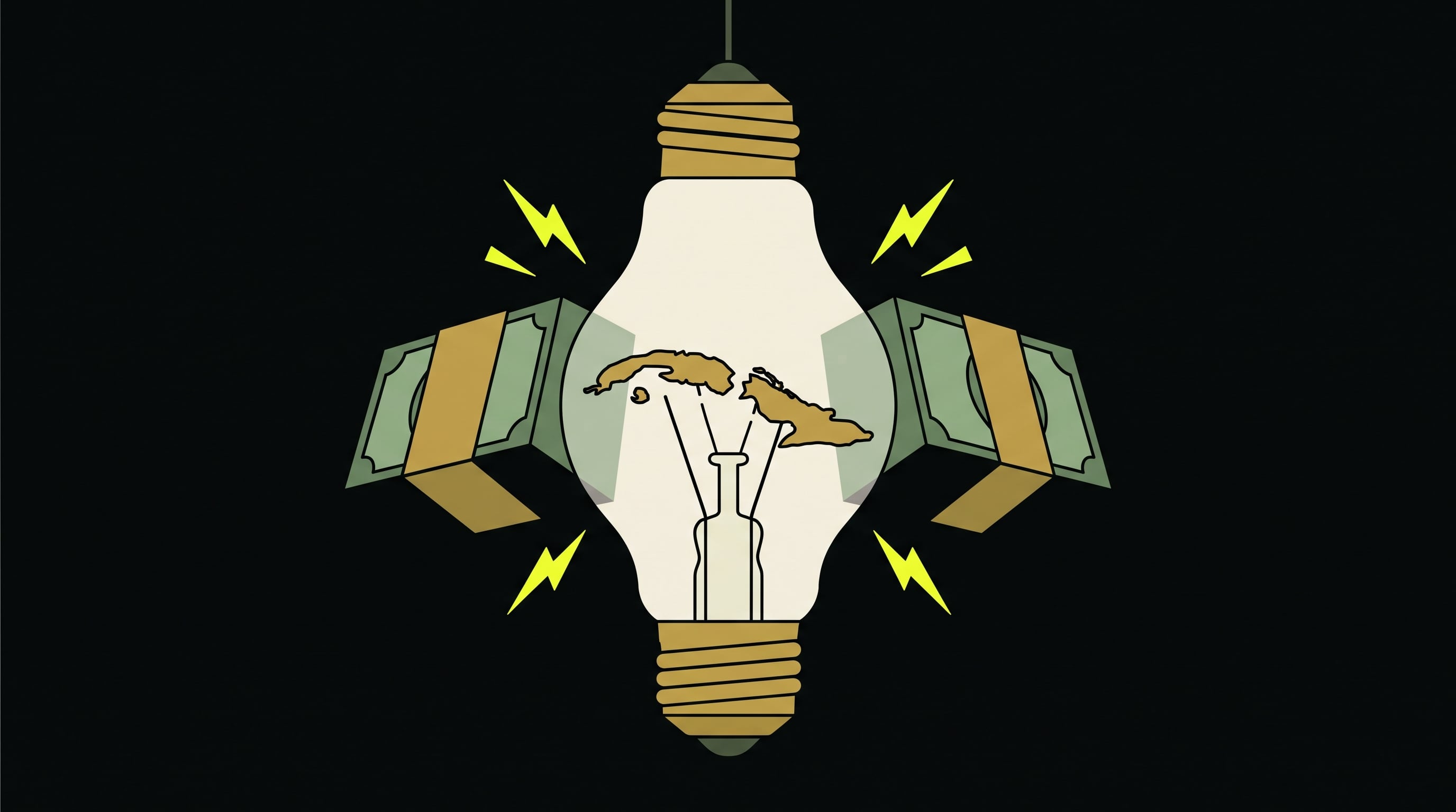 Una ilustración conceptual aborda la crisis del sistema eléctrico en Cuba mediante una bombilla con la isla dividida y fajos de dólares que intentan conectar el circuito. (Imagen Ilustrativa Infobae)