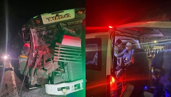 Un accidente vial entre una rastra y un autobús dejó 11 heridos en el kilómetro 50 de la Carretera Panamericana, en El Congo. (Cortesía: Cruz Verde Salvadoreña)