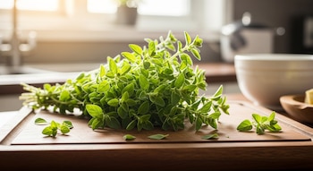 Un manojo de orégano fresco con hojas verdes vibrantes sobre una tabla de cortar de madera oscura, con una cocina iluminada y un cuenco blanco desenfocado al fondo.