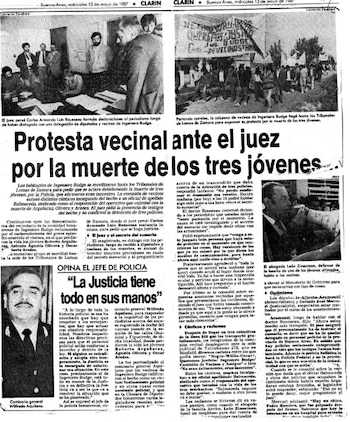 Página de periódico en blanco y negro del diario Clarín del 13 de mayo de 1987, con titulares, fotos de personas y artículos de noticias