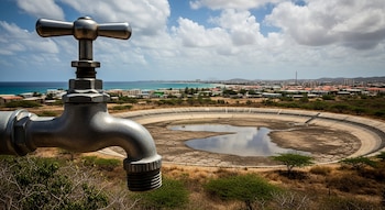 Grifo metálico en primer plano; detrás, un embalse con poca agua y tierra seca, una ciudad costera con edificios, el mar y un cielo nublado.