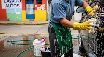 Un hombre sin mostrar el rostro, con guantes amarillos y un delantal verde, lava un carro negro con esponjas y abundante espuma en la calle.