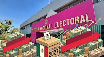 Edificio del INE con pilas de billetes y monedas, una urna electoral con bandera mexicana y texto 'Elecciones 2027', y gráficos de tendencia alcista.