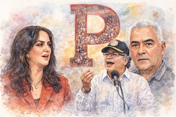 Ilustración acuarela: María Fernanda Cabal (izq), Gustavo Petro (centro) en micrófono, hombre canoso (der). Fondo: letra P llena de multitud.