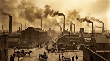 Calle empedrada con personas, carruajes tirados por caballos y fábricas de ladrillo con chimeneas altas que expulsan humo.