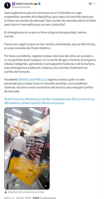 El usuario Julian Zamudio compartió el video a través de X la mañana del martes 20 de octubre, y señaló al senador del Pacto Histórico Alex Flórez - crédito @JulianZamudio/X