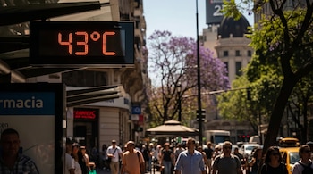 Termómetro digital con lectura de 43 grados Celsius sobre una calle concurrida y edificios, árboles con flores moradas y personas caminando.