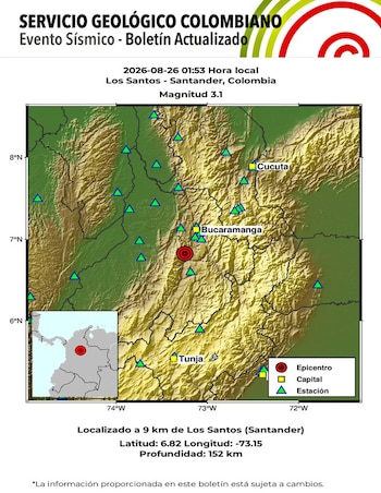 Los Santos, Santander, volvió a registrar un sismo a las 3:56 con magnitud 3,1 y una profundidad de 147 kilómetros, según el Servicio Geológico Colombiano - crédito SGC