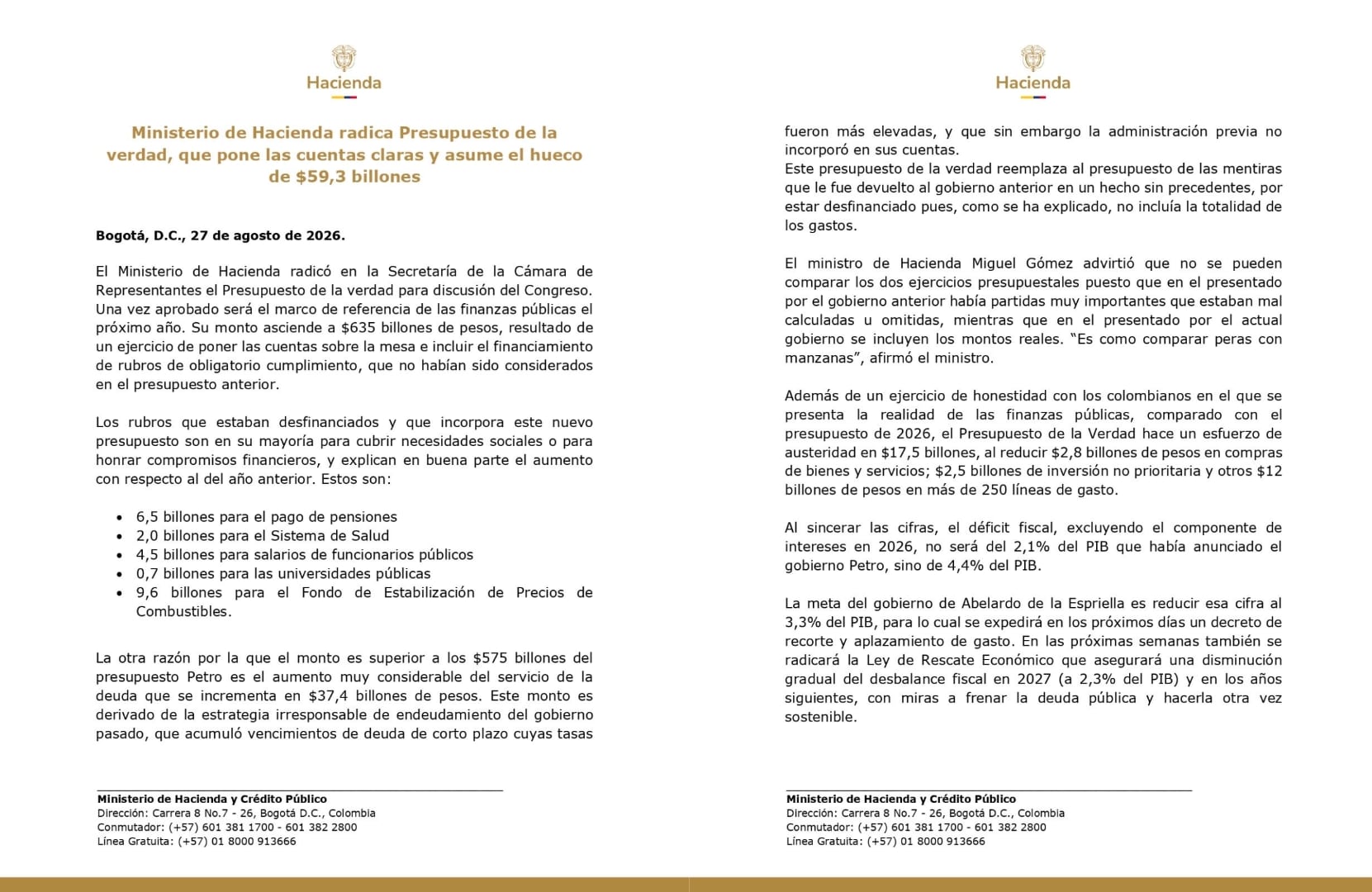 El proyecto del PGN 2027 elimina la dependencia de una reforma tributaria, pero incrementa el endeudamiento del Gobierno - crédito @miguel_gomez_m/X