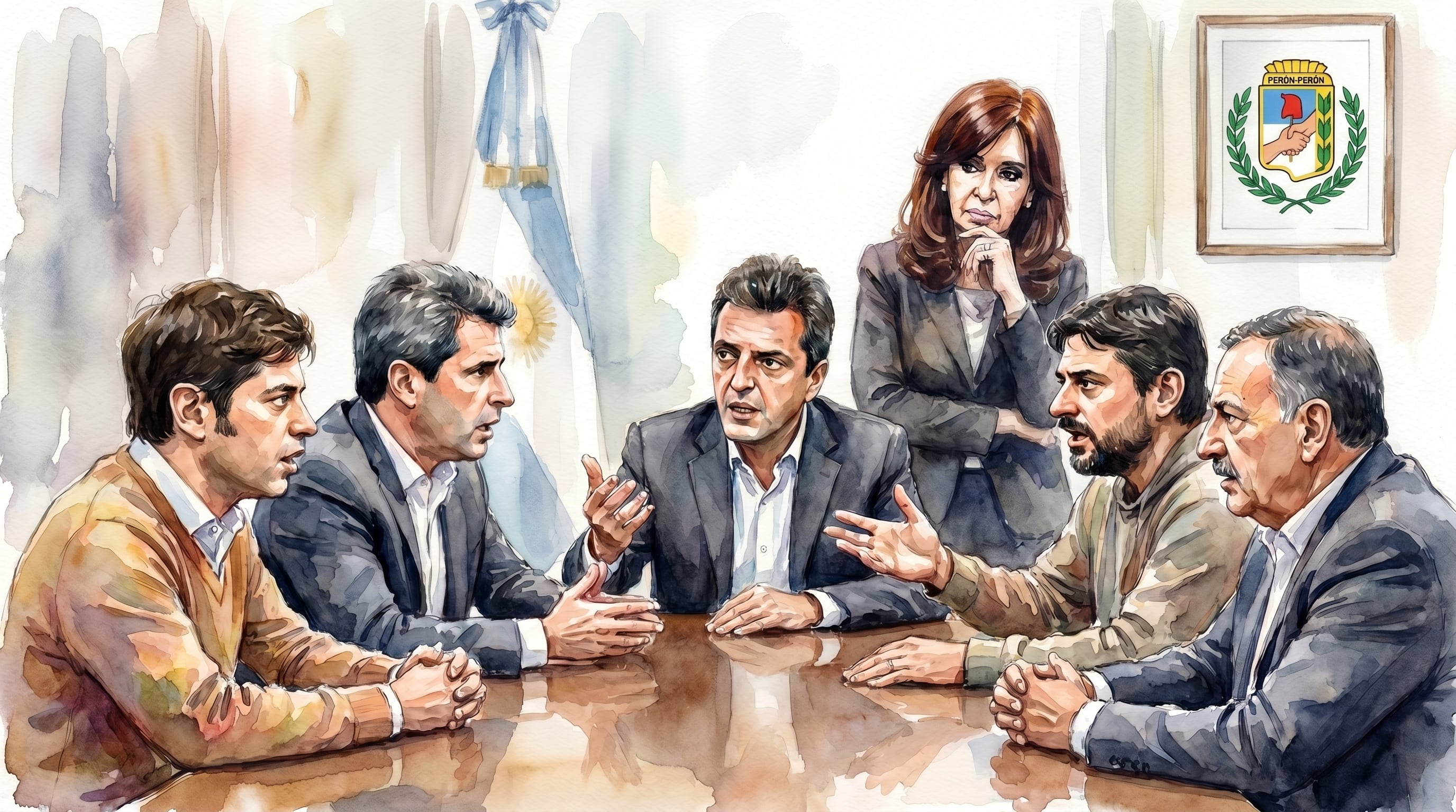 Axel Kicillof, Sergio Uñac, Sergio Massa, Juan Grabois y Ricardo Quintela debaten ante la mirada de Cristina Kirchner, con un cuadro del PJ de fondo (Imagen Ilustrativa Infobae)