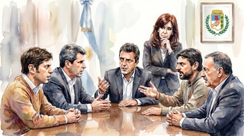 Acuarela: cinco hombres sentados a una mesa y una mujer de pie. Al fondo, la bandera argentina y el emblema del Partido Justicialista.