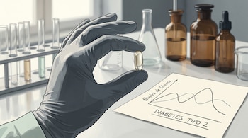 Primer plano de una mano enguantada sosteniendo una cápsula de aceite de pescado. Sobre la mesa, un gráfico de niveles de glucosa y equipos de laboratorio.