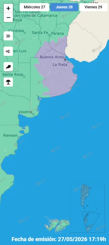 Las advertencias del SMN abarcan el norte bonaerense, la Costa Atlántica y localidades como Pehuajó, General la Madrid y Laprida