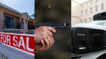 Primer plano de un cartel de 'FOR SALE' delante de una casa, una persona disparando una pistola Glock y el frontal de un vehículo autónomo Waymo