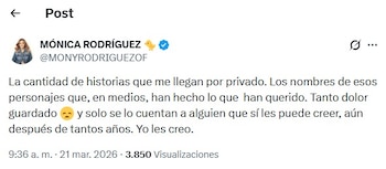 Mónica Rodríguez sorprendió con sus declaraciones, exigiendo acciones reales a las autoridades y alentando a más mujeres del gremio a contar sus historias sin temor - crédito @MONYRODRIGUEZOF/X