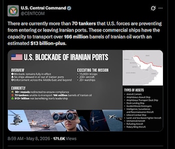 Captura de tuit de CENTCOM: información sobre bloqueo naval de EE. UU. a Irán, infografía con mapa, datos y tres imágenes de activos militares