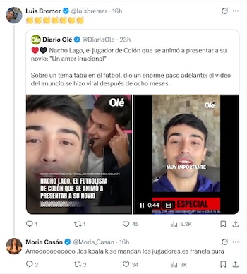 Captura de pantalla de Twitter mostrando un hilo de tweets: arriba Luis Bremer, luego Diario Olé con noticia de Ignacio Lago, y Moria Casán reaccionando