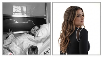 Dos fotografías de una mujer: una en blanco y negro en cama de hospital, otra a color de perfil mirando por encima del hombro con blusa negra de manga larga.
