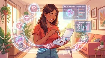 Mujer joven con remera roja sostiene un kit de pruebas médicas con viales de sangre en una habitación con plantas. Hologramas muestran datos de salud femenina y biomarcadores.